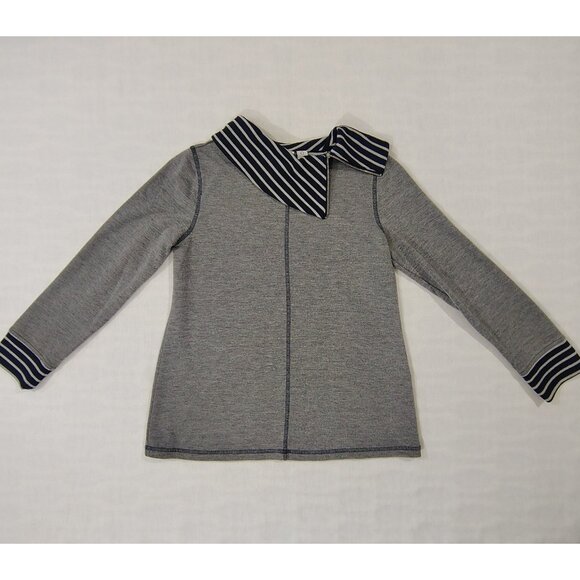 Weekend by Chico's Striped Collar Top Sz 0 (S/M) Cowl Neck Gray Blue Long Sleeve - Picture 14 of 16